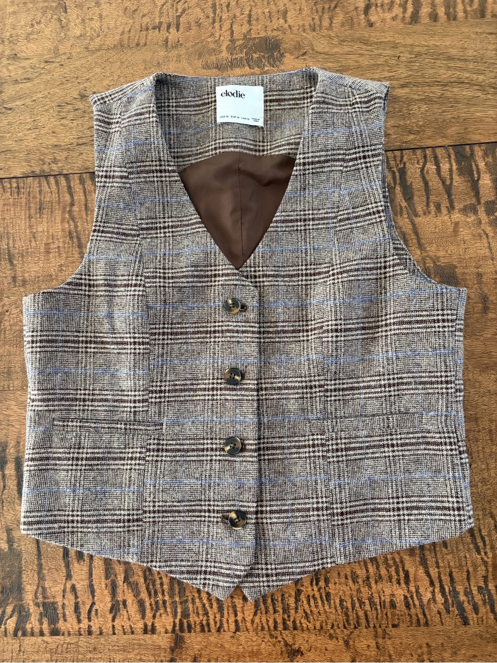 Elodie Brown wool blend Plaid Tailored Vest with Subtle Blue Accents Size M